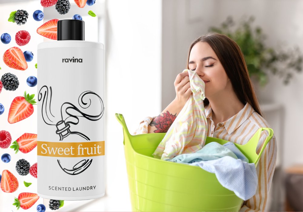 PERFUMY DO PRANIA SWEET FRUIT 200 ml ZAPACH ŚWIEŻYCH OWOCÓW PŁYN OWOCOWY DO TKANIN UBRAŃ PRALKI RAVINA SUSZARKI PERFUM 200 ML  = 40 prań