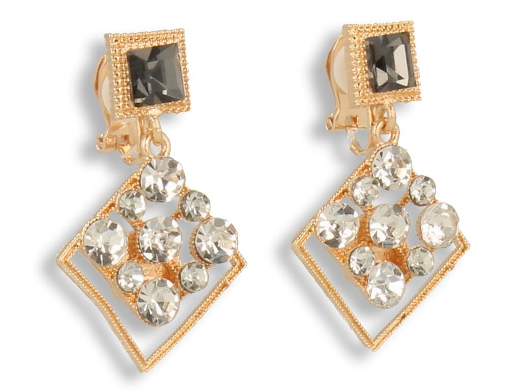 Klipsy do uszu złote wiszące z szarym kamieniem