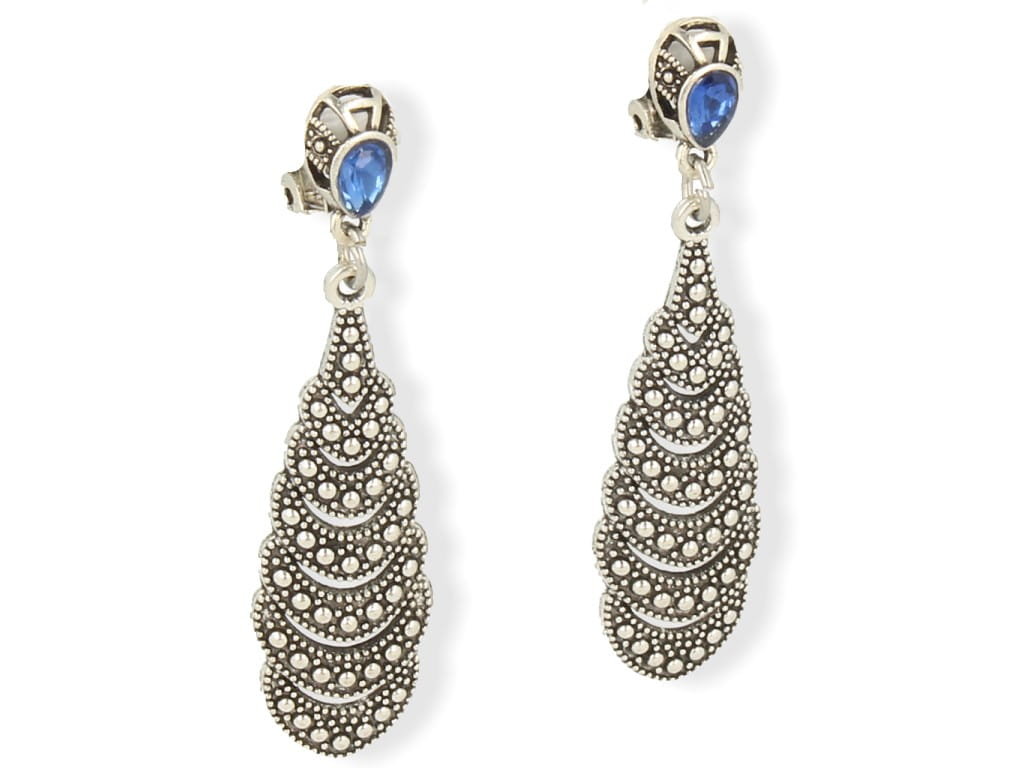 Klipsy do uszu długie wiszące z niebieskim oczkiem