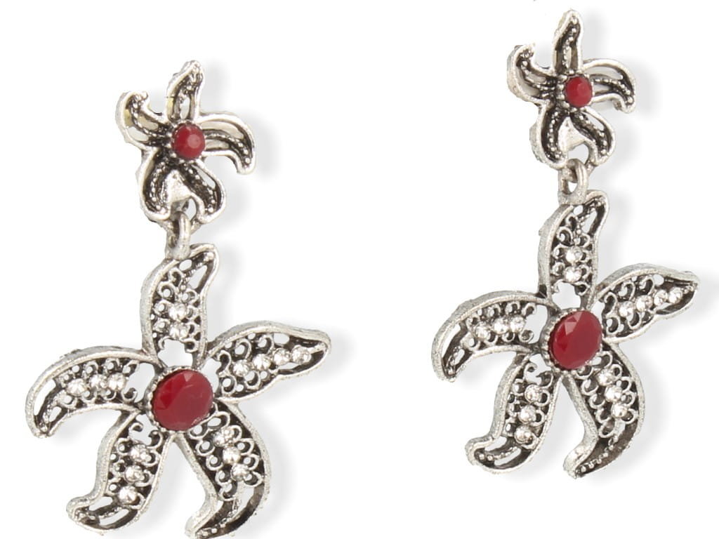 Klipsy do uszu wiszące kwiaty z czerwonym oczkiem