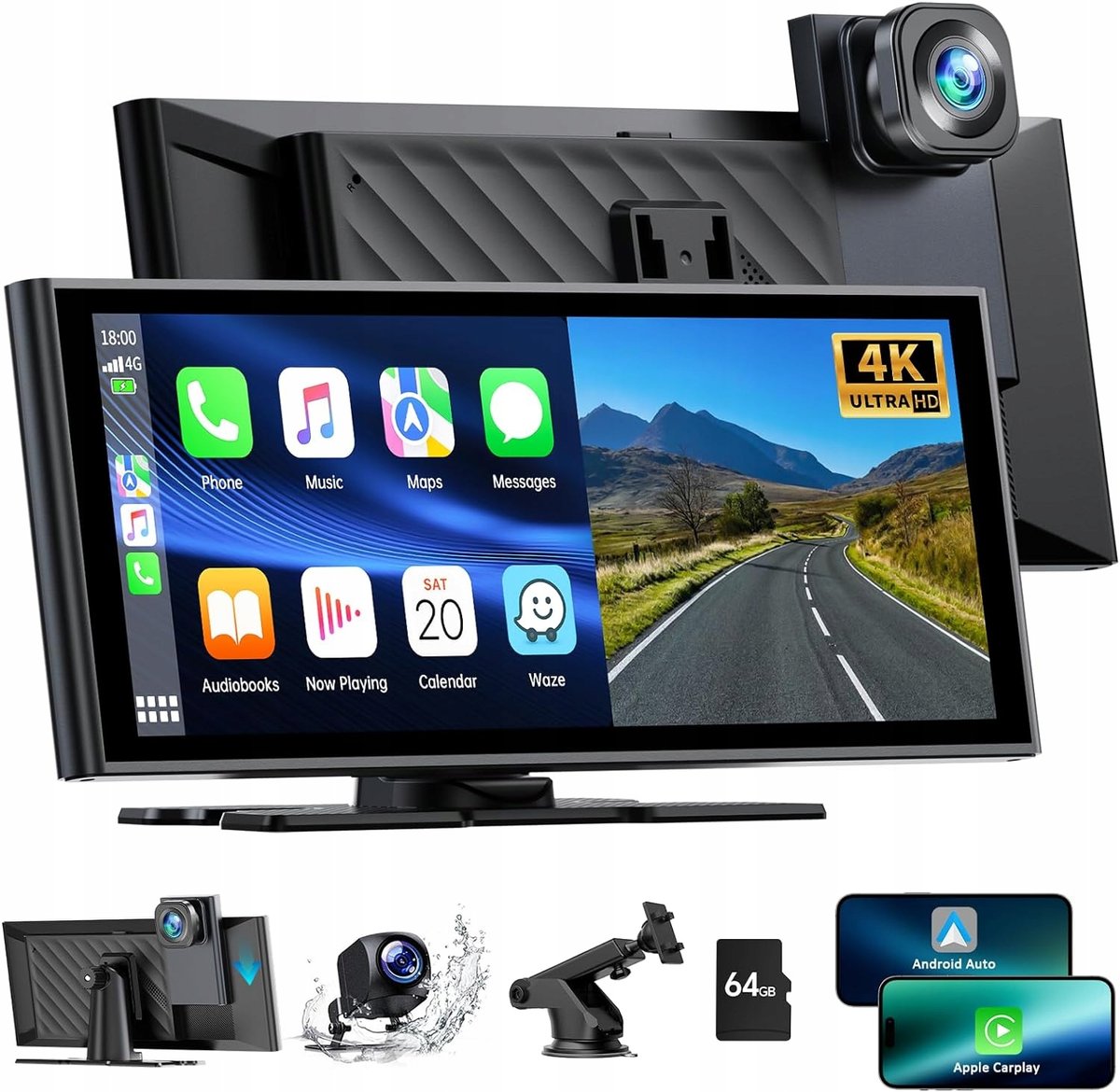 Radio samochodowe Apple Auto Play RC14XB z kamerą z przodu i z tyłu, 4K
