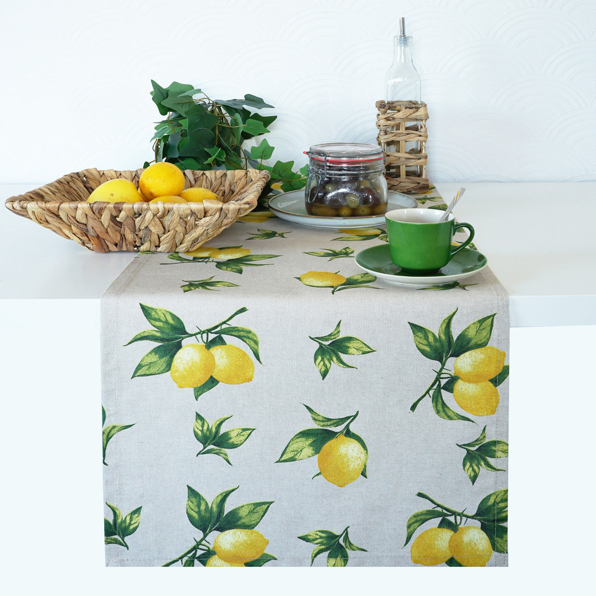 Bieżnik Lniany Beżowy Letni z nadrukiem w cytryny z liśćmi 220cm PolDesign