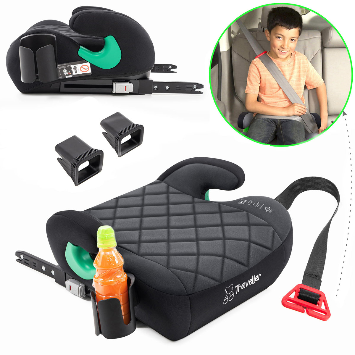 FOTELIK SAMOCHODOWY PODKŁADKA SIEDZISKO Z ISOFIX CZARNO-SZARY PIKOWANY R129 125-150 CM