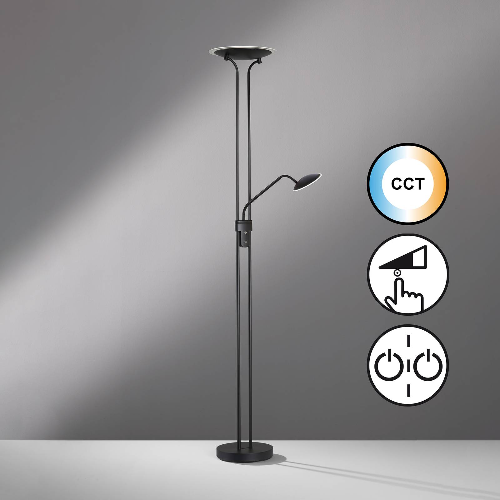 FISCHER & HONSEL Lampa stojąca LED Tallri, czarny, 180 cm, 2-punktowa, metal, CCT