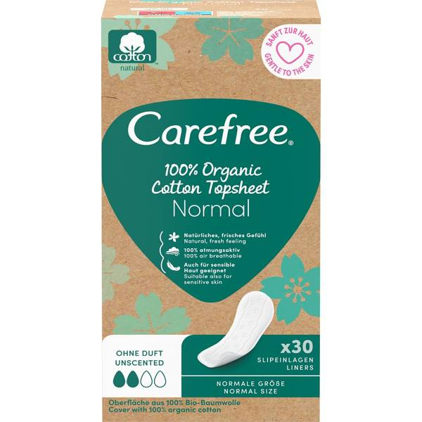 CAREFREE 100% Organic Cotton Topsheet Wkładki Higieniczne Normal 30szt
