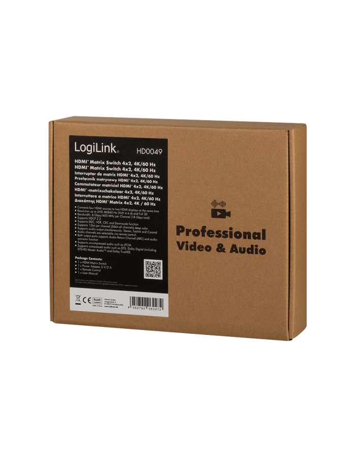 logilink Switch 4x2 HDMI, 4K 60Hz, z pilotem