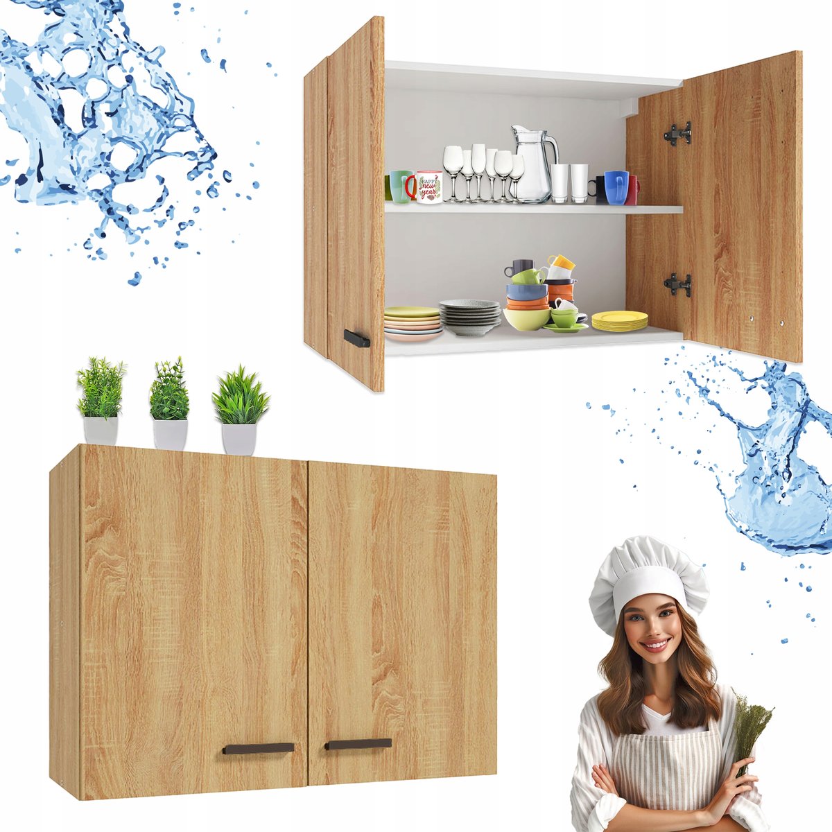 Nowoczesna Szafka Kuchenna Wisząca Dąb Złoty 80 x 51 x 38 cm Czarne Uchwyty