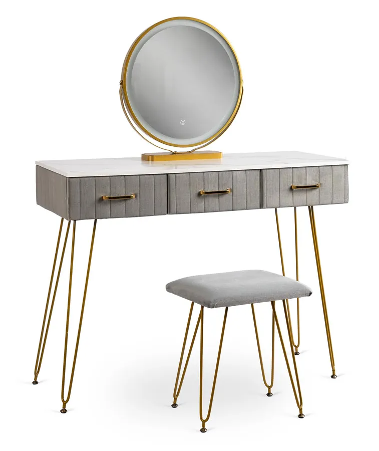 Szara toaletka glamour z taboretem i lustrem LED - Merina