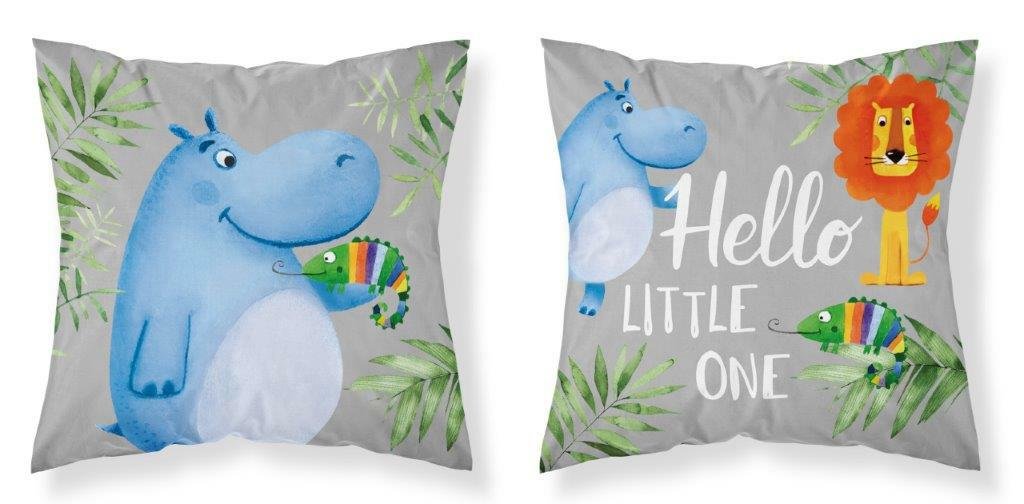 Poszewka 40x40 Hello Little One hipopotam lew kameleon szara dwustronna PSBA Mayamoo