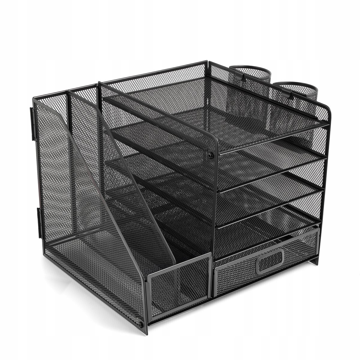 Organizer na biurko All-in-One. wykonany z czarnej metalowej siatki