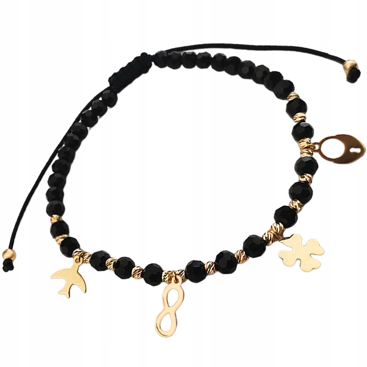 Złota Bransoletka Damska 585 Złote Kuleczki Zawieszki Z Czarnymi Koralikami