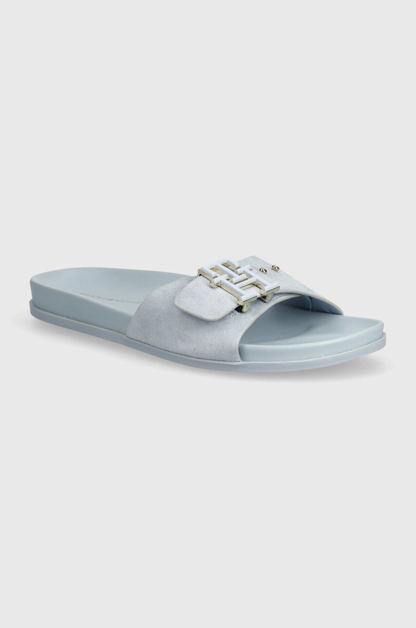 Tommy Hilfiger klapki zamszowe TH HARDWARE SUEDE FLAT SANDAL damskie kolor niebieski FW0FW07935