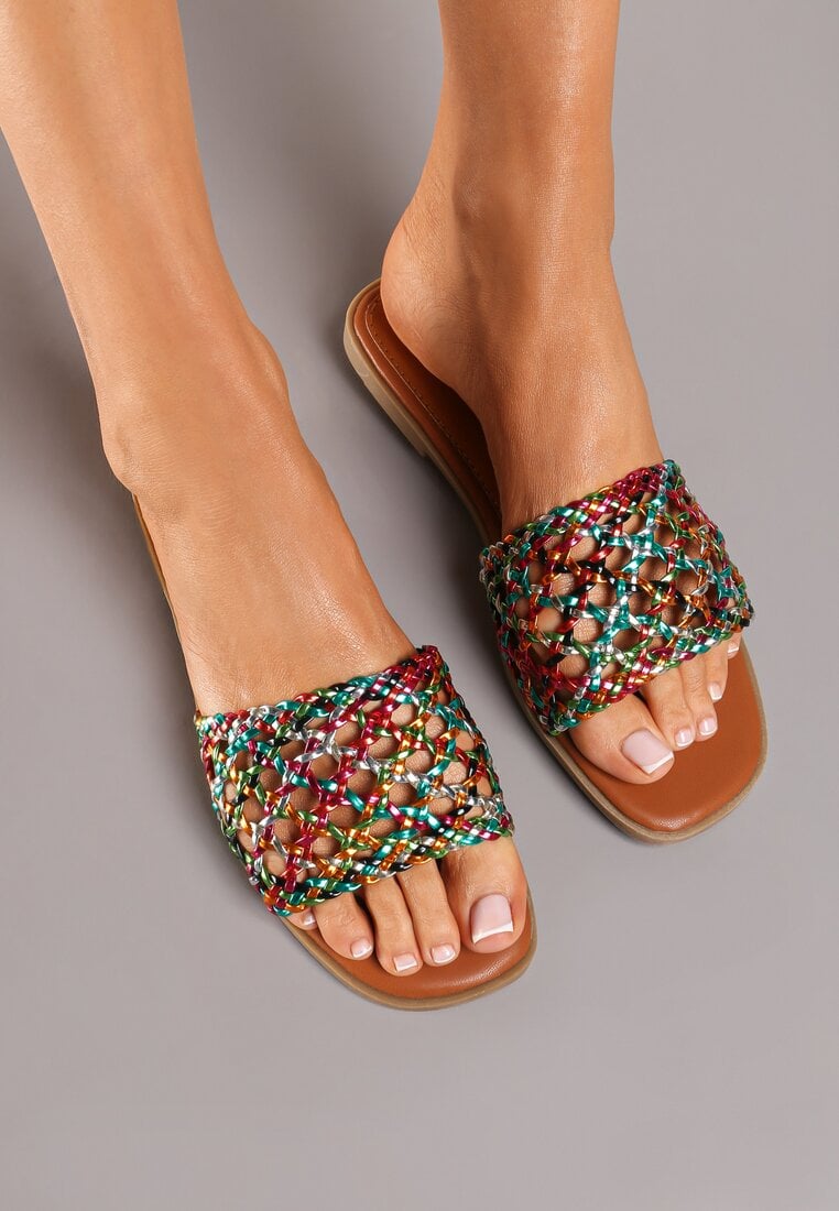 Wielokolorowe Casualowe Klapki na Płaskiej Podeszwie z Ażurowym Paskiem Ellnara