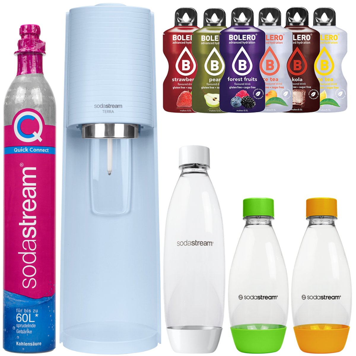 Saturator SodaStream Terra niebieski + Butelki do saturatora i saszetki bolero