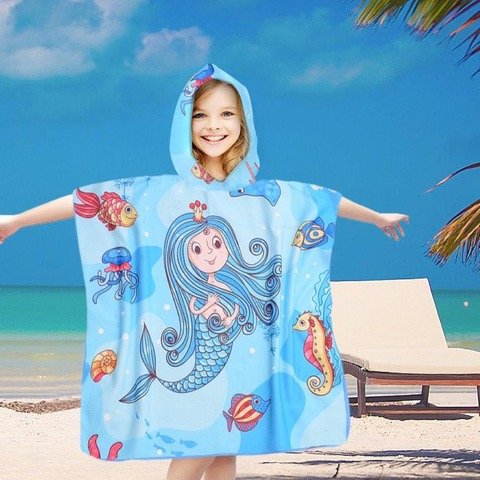 Poncho dziecięce plażowe 60x60 niebieska syrenka