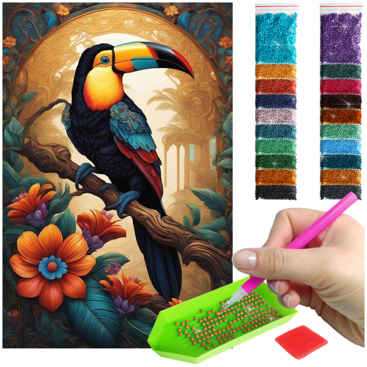 Haft Diamentowy 40x60 Diamond Painting mozaika TUKAN WŚRÓD KWIATÓW zestaw akcesoria