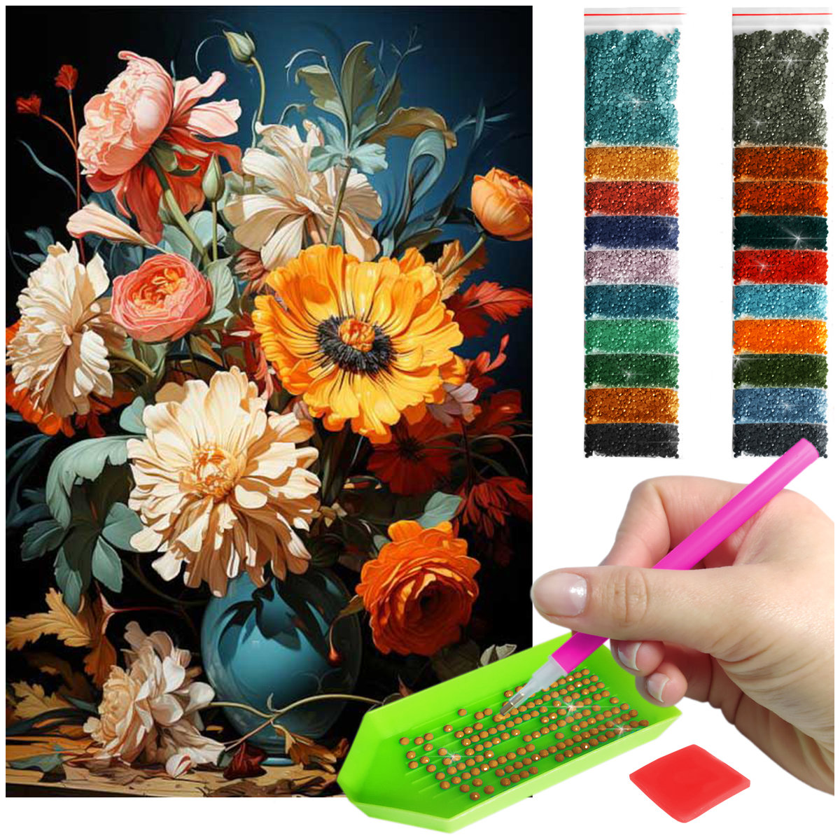 Haft Diamentowy 40x60 Diamond Painting mozaika KOLOROWE KWIATY zestaw akcesoria