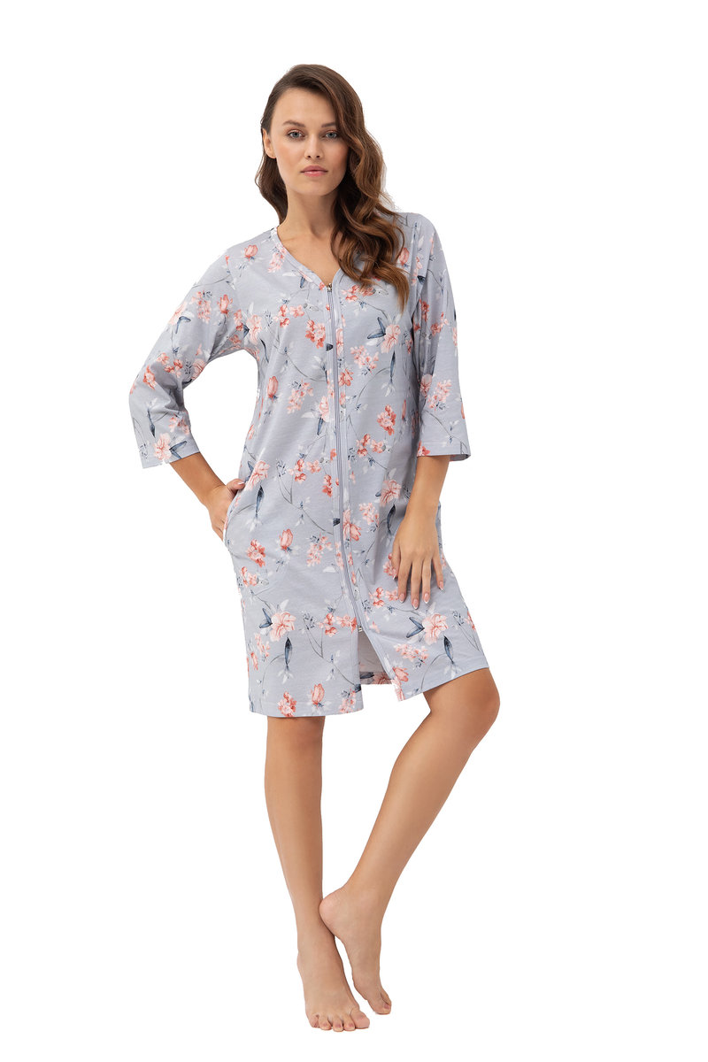 Szlafrok damski LUNA kod 392 szary różowe kwiaty  4XL
