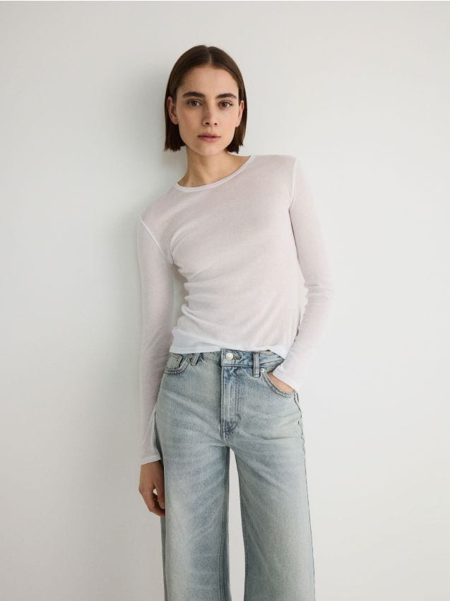 Reserved - Bawełniany longsleeve Supima® - złamana biel