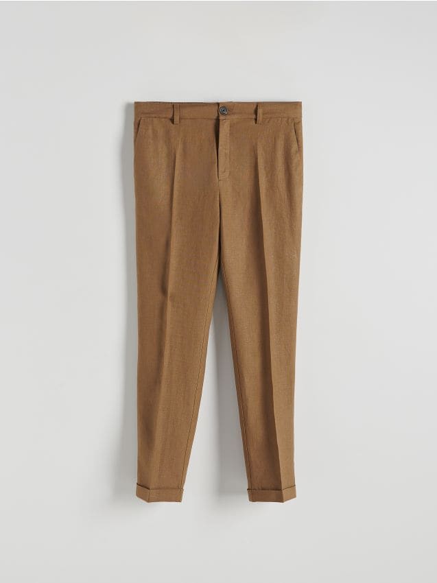 Reserved - Lniane spodnie garniturowe slim - brązowy