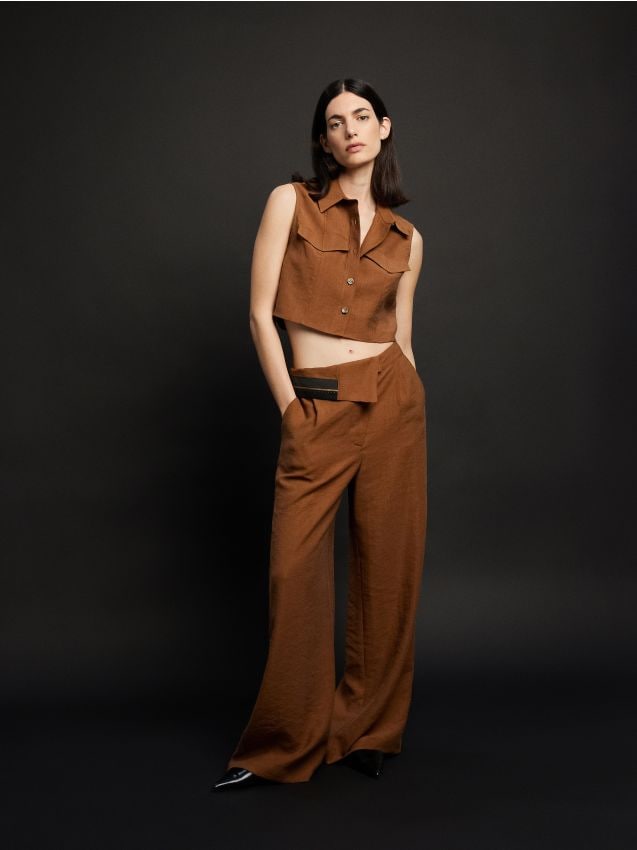 Reserved - Bluzka z lyocellu - brązowy