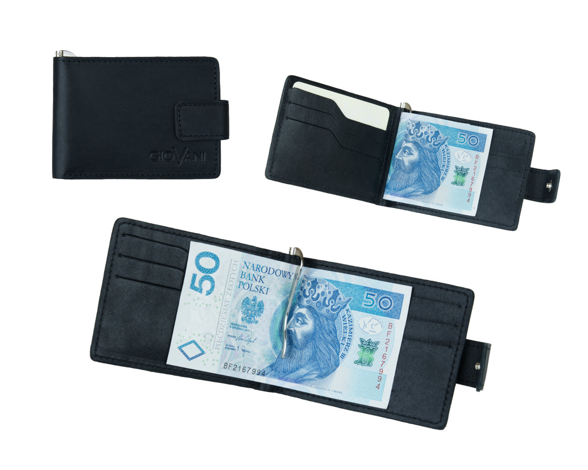 Banknotówka - portfel męski z klipsem na baknoty (chudy, czarny, skóra naturalna - jucht)