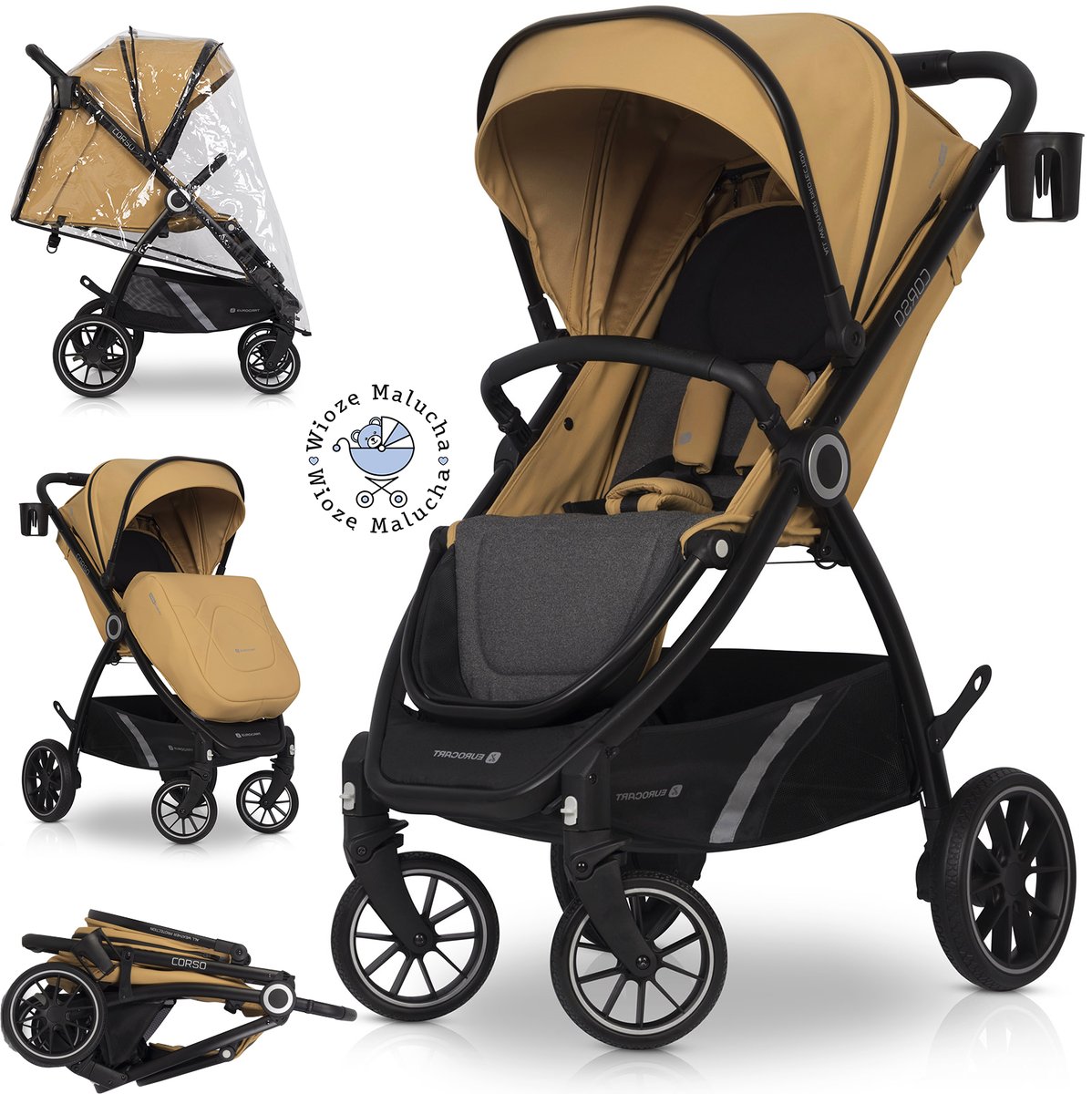 LEKKI WÓZEK SPACEROWY EUROCART CORSO CAMEL DO 26,5KG + DODATKI