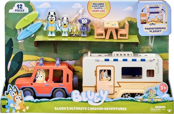 BLUEY NIESAMOWITE PRZYGODY AUTO PRZYCZEPA KEMPINGOWA FIGURKI POJAZD CAMPING