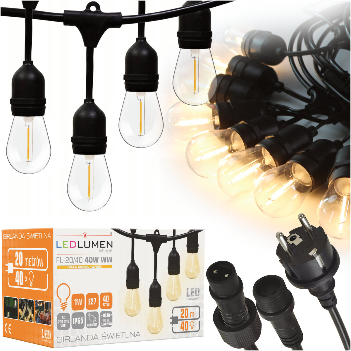 Girlanda Ogrodowa Świetlna 20m + 40x Żarówka LED 1W Zewnętrzna IP65 Ciepła Biała 2700K