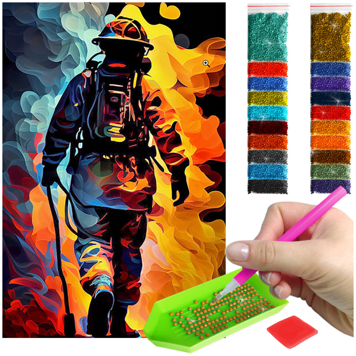 Haft Diamentowy 40x60 Diamond Painting mozaika STRAŻAK W PŁOMIENIACH zestaw akcesoria