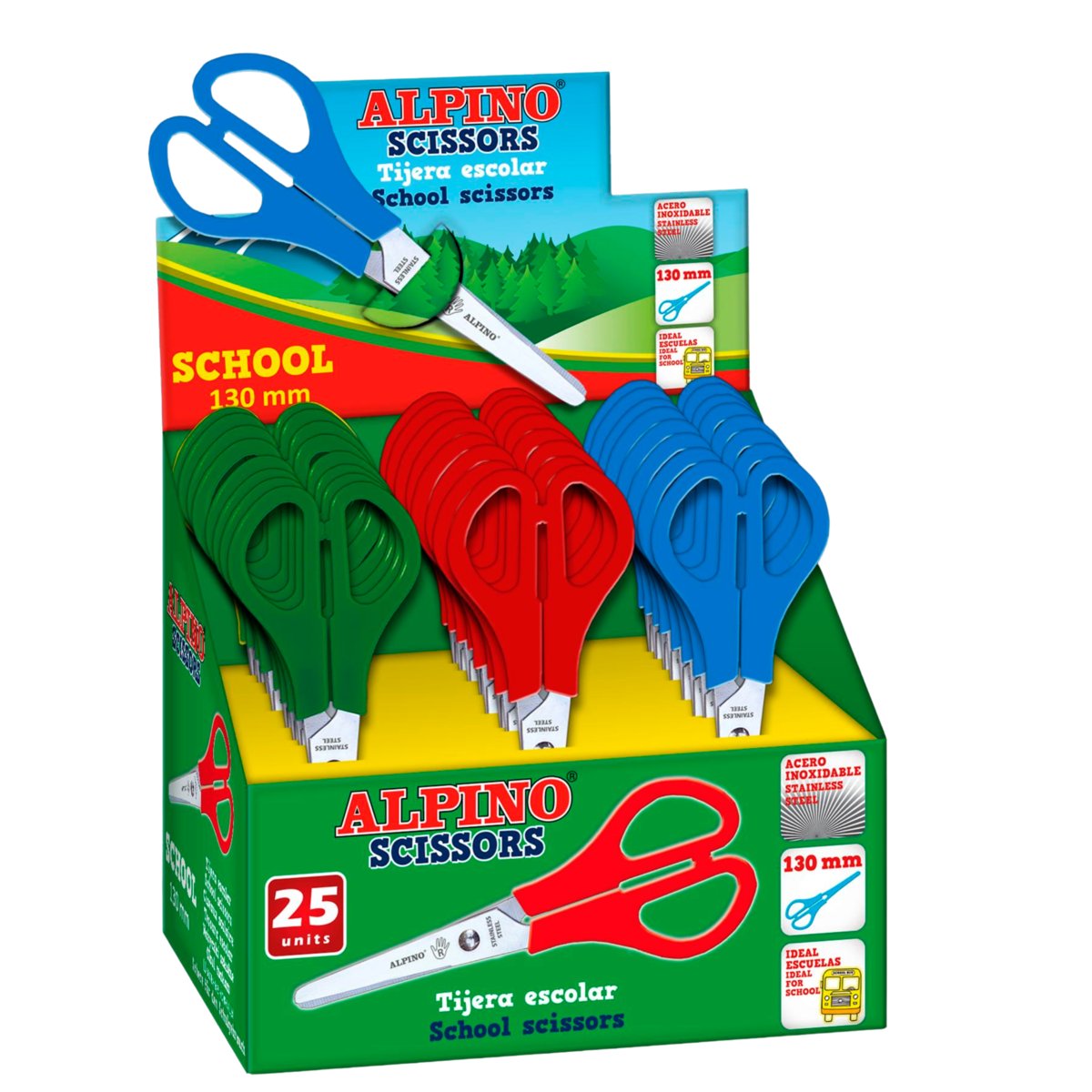 Nożyczki szkolne ALPINO 13cm 3 kolory DISPALY 25 sztuk