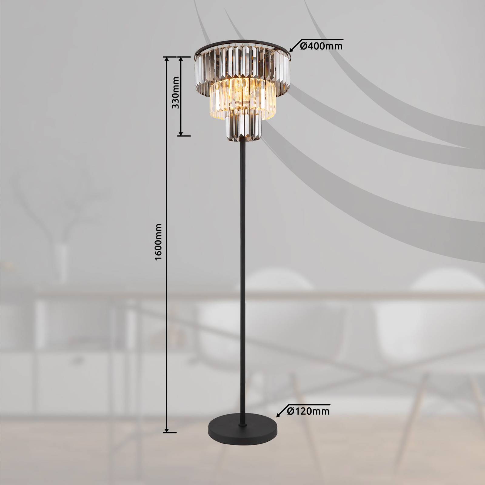 Globo Lampa stojąca Naxis, czarny/dymny szary, wysokość 160 cm, kryształ