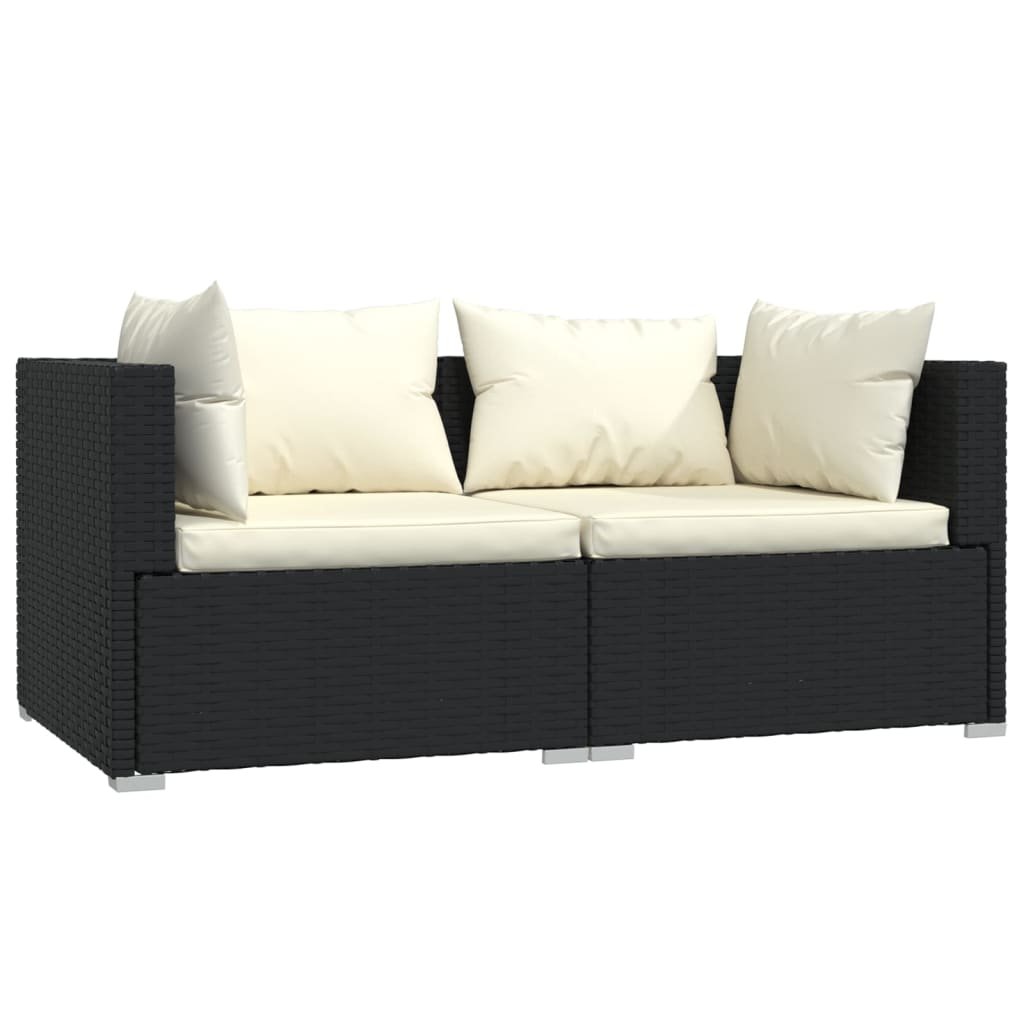 Sofa narożna rattan PE 2-osobowa, czarny/kremowy,