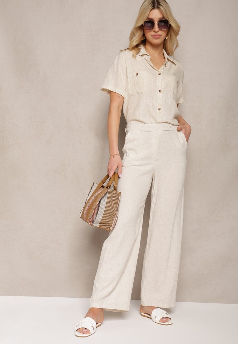 Jasnobeżowe Wiskozowe Spodnie z Lnem z Szerokimi Nogawkami Lomera