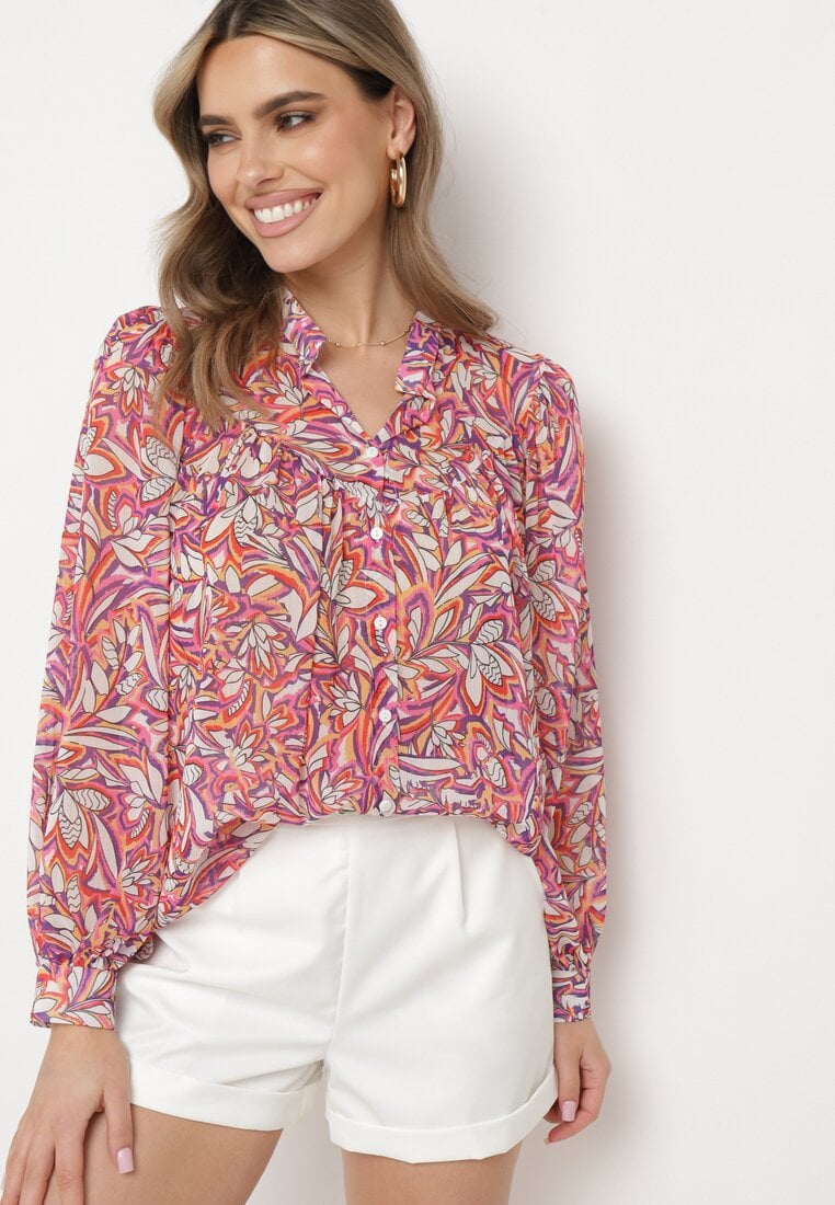 Różowa Koszula z Długim Rękawem z Szerokimi Mankietami Zapinana na Guziki Quarae