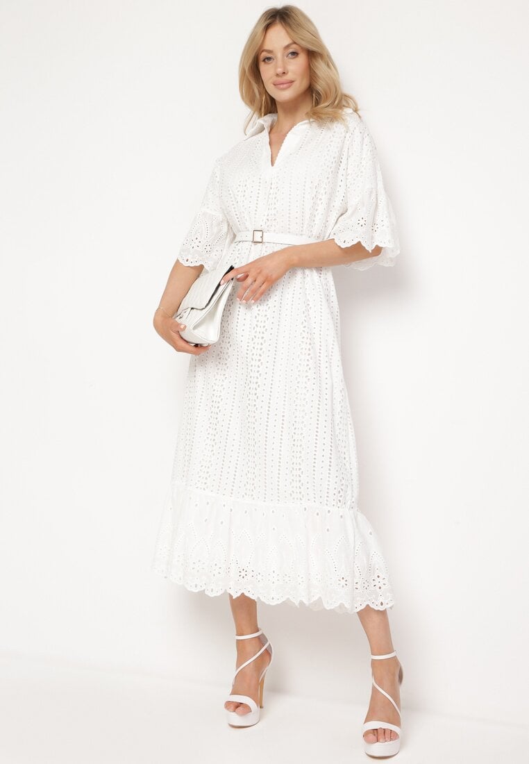 Biała Bawełniana Sukienka z Koronki z Rękawem 3/4 Wykończona Falbanką Jines