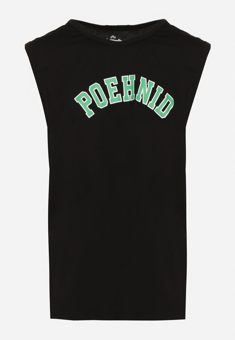 Czarna Koszulka Bawełniana bez Rękawów z Napisem Tiimasue