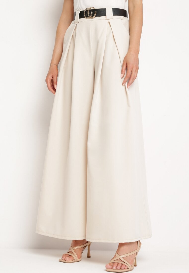 Beżowe Szerokie Spodnie z Wysokim Stanem i Paskiem Serenda