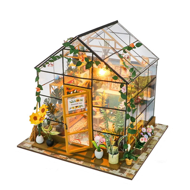Miniaturowy domek DIY Drewno Składany zestaw - Kolorowa szklarnia LED