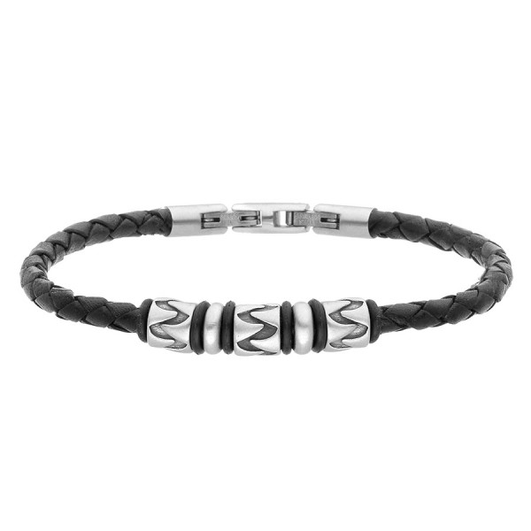 Męska bransoletka czarny rzemień z charmsami beadsami w nowoczesny wzór - Manoki
