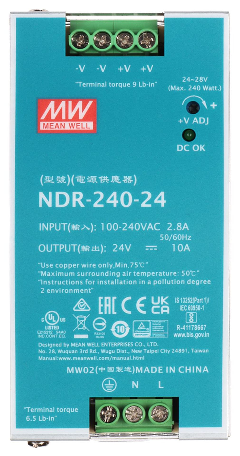 Mean Well Zasilacz impulsowy 90-264V AC/ 10A 24V DC 240W DIN NDR-240-24