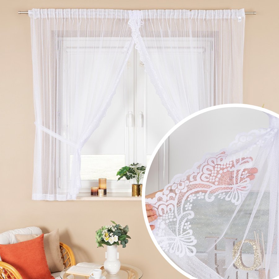 Firana gotowa żakardowa zakładana na taśmie ozdobiona haftem, rozmiar 350x160 cm, kolor biały
