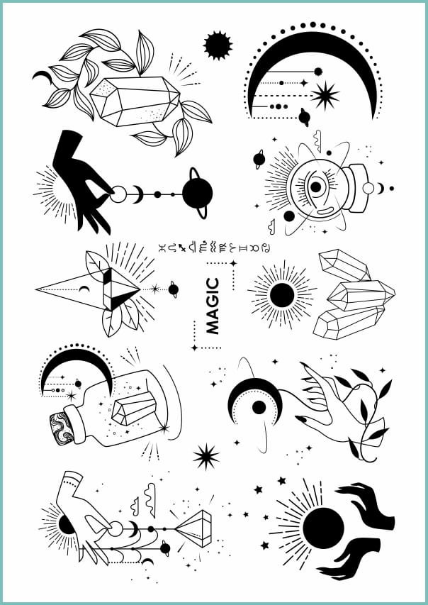 Tatuaże tymczasowe, zmywalne, symbole magiczne i astrologiczne, format A4
