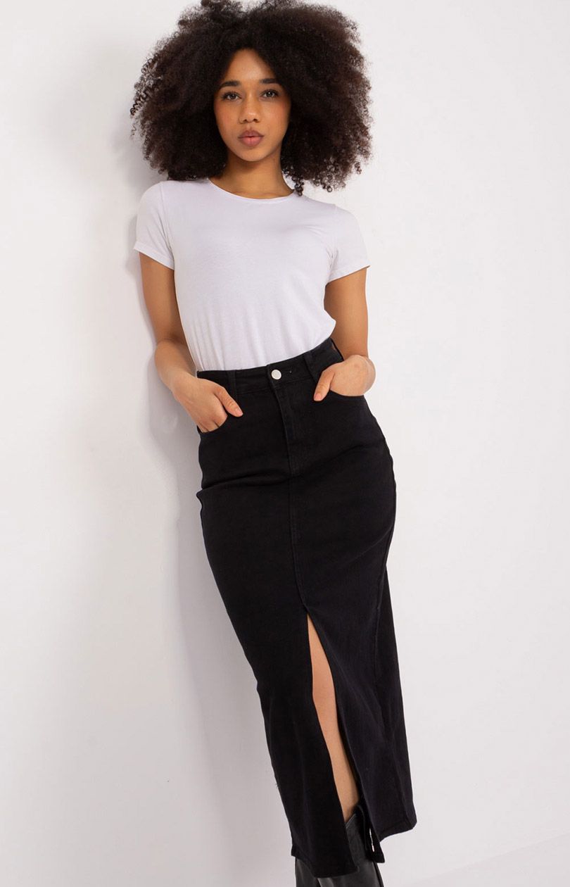 Jeansowa spódnica midi z rozcięciem HM-SD-M551-1.37, Kolor czarny, Rozmiar 36, FactoryPrice - Primodo.com