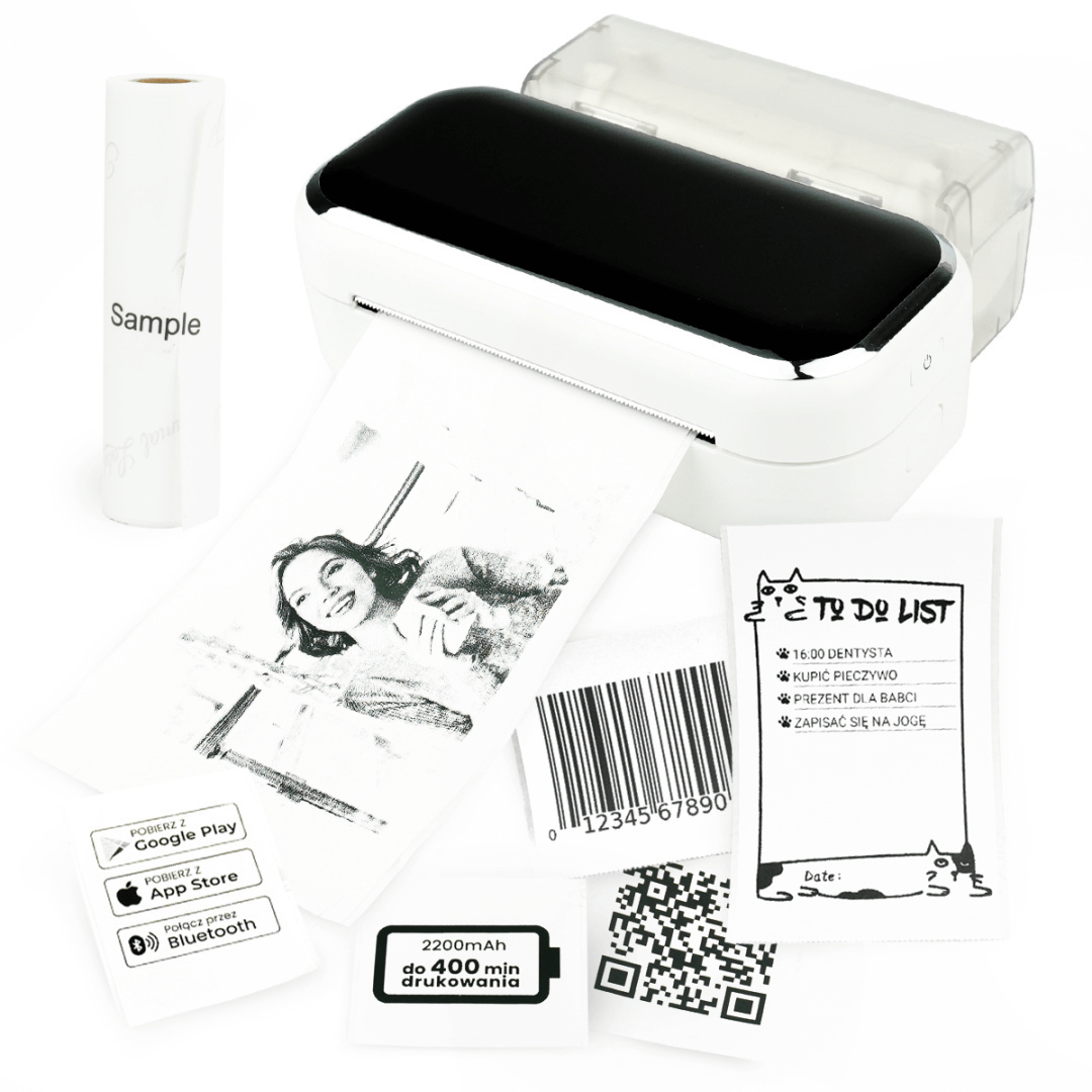 Mini drukarka etykiet Phomemo M03 biała Bluetooth szer. do 80 mm 203 DPI | KUP z zamiennikami i oszczędzaj! - ZADZWOŃ 730 811 399