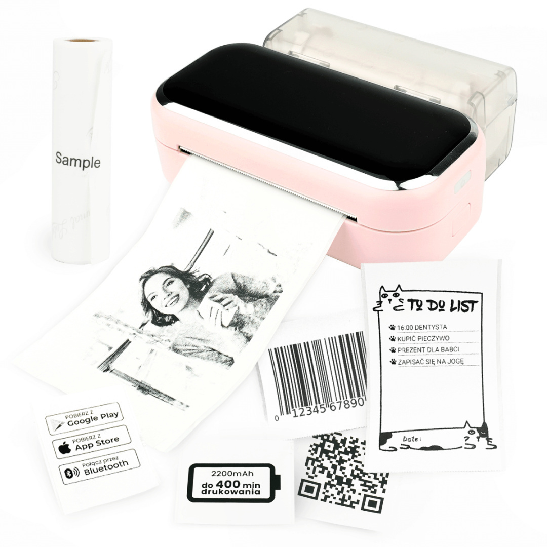 Mini drukarka etykiet Phomemo M03 różowa Bluetooth szer. do 80 mm 203 DPI | KUP z zamiennikami i oszczędzaj! - ZADZWOŃ 730 811 399