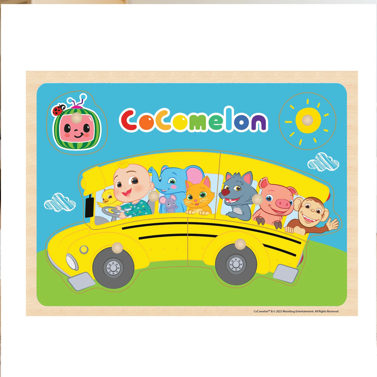 Drewniane puzzle, Układanka, Dopasuj kształty, Autobus, Cocomelon