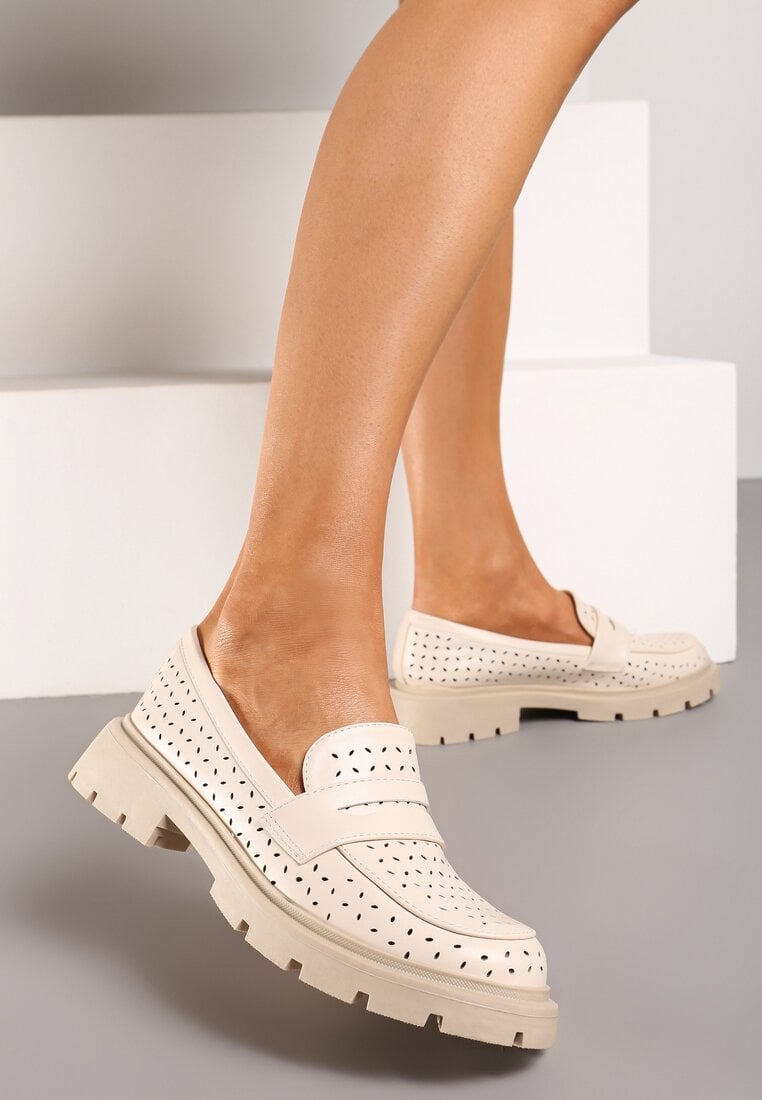 Beżowe Płaskie Mokasyny z Ekoskóry o Ażurowym Wykończeniu Cevora