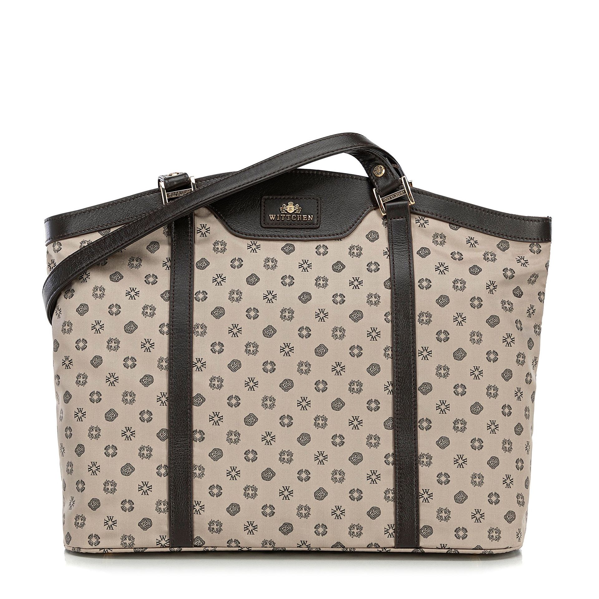 Torebka shopperka z żakardu i skóry w monogramy beżowa