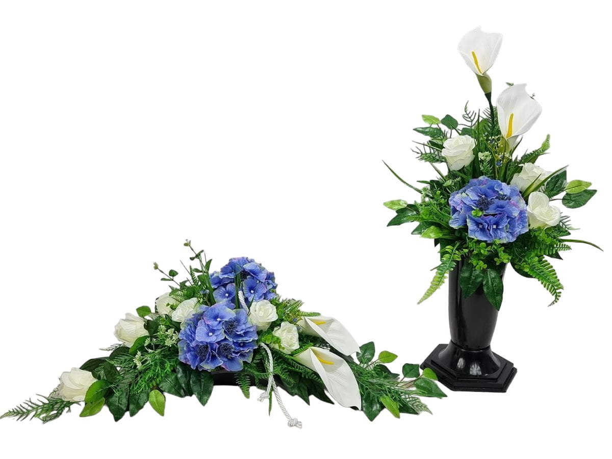 CALLA HORTENSJE niebieskie (1920.2) KOMPLET stroik + bukiet z wkładem na grób cmentarz